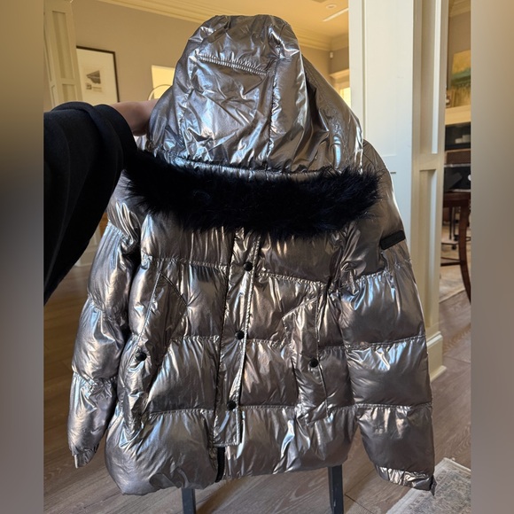 Silver Puffer Jacket with Black Faux Fur Trim - Picture 6 of 6